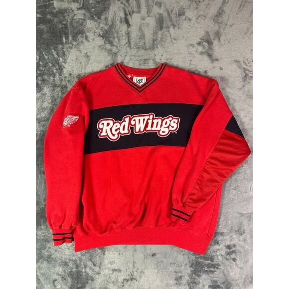 Vintage Detroit Red Wings Crewneck Sweatshirt Lee Sport V-Neck Red Black NHL L‎ - Picture 1 of 10